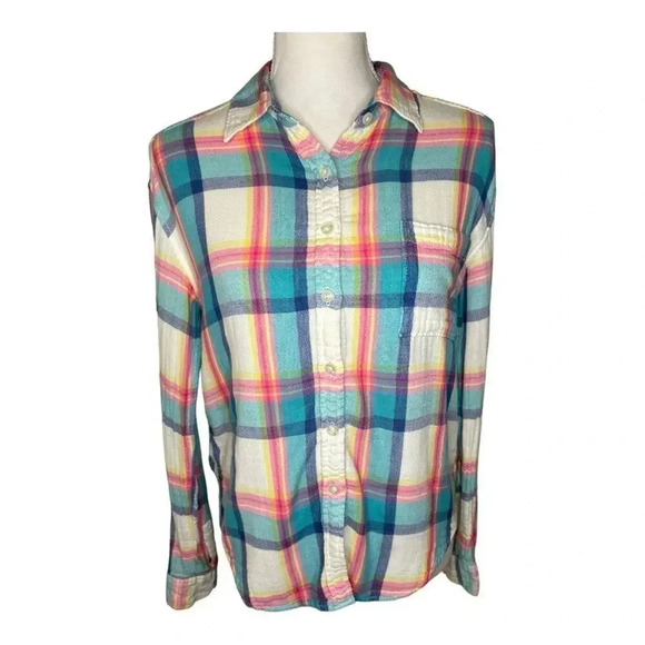American Eagle Women’s Small Pastel Plaid Boyfriend Fit Button Down Top - Picture 1 of 7
